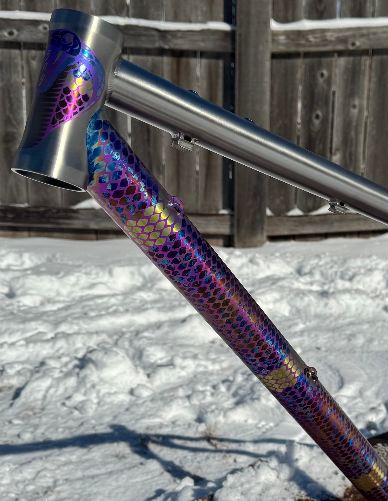 Close-up of honeycomb pattern anodizing on a titanium seat tube